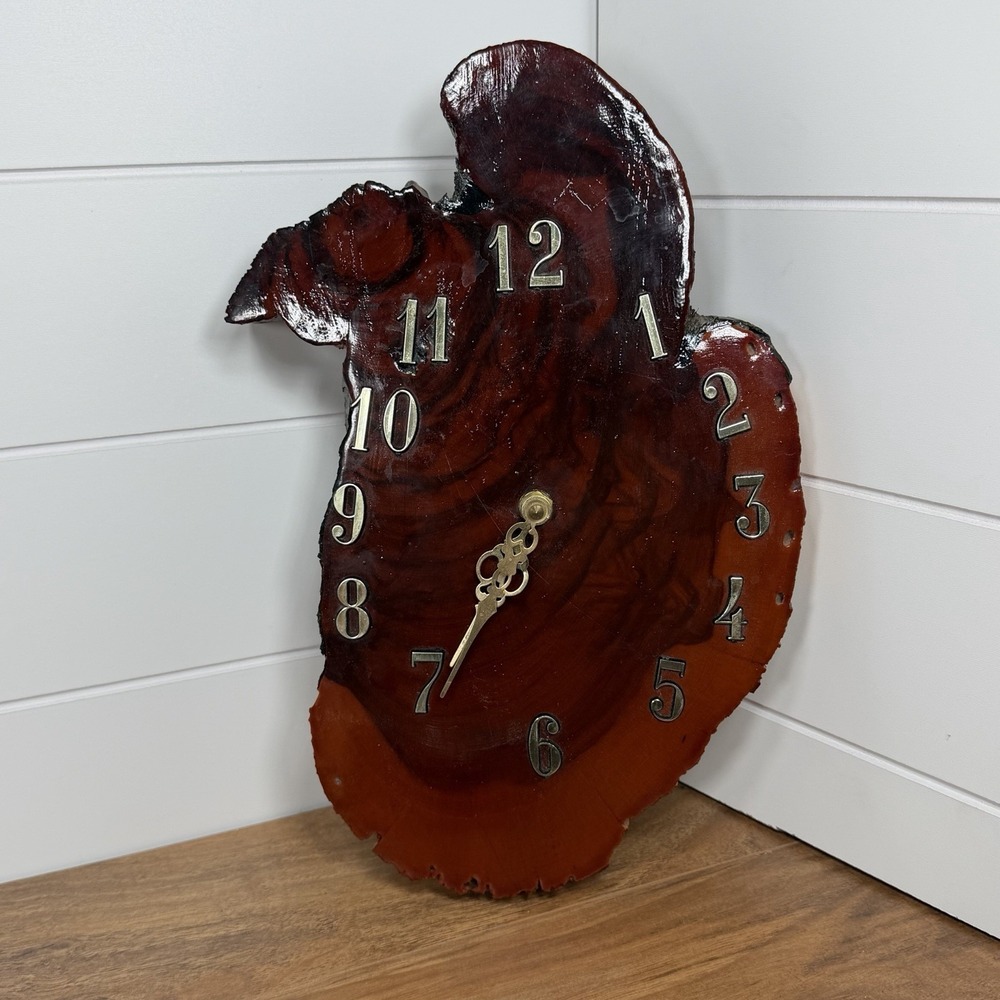 Vtg Retro Handmade Clock 13" Burl Wood Slab Red Lacquer 70s Wall Hanging *Parts*